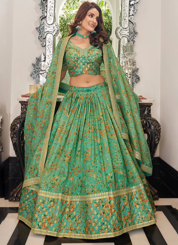 Zari Embroidery Work Organza Floral Print Sea Green Lehenga Choli